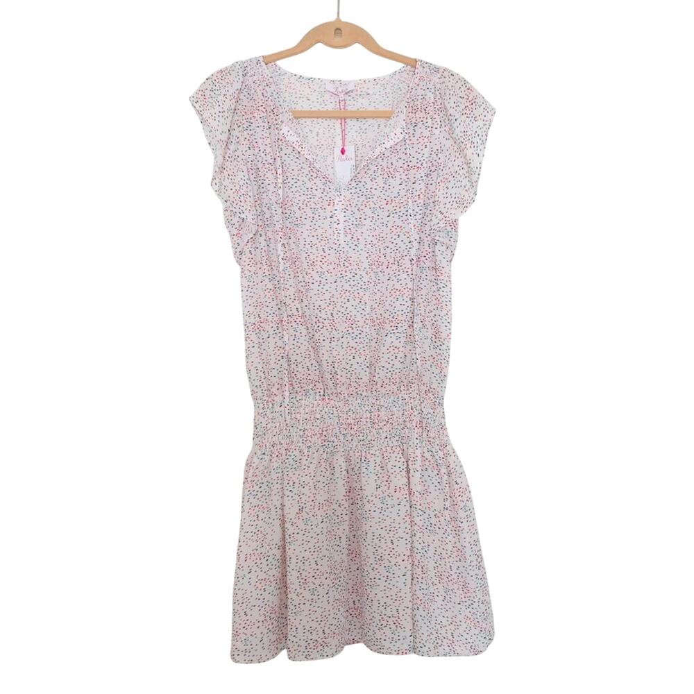 Parker New York Pink Dottie Print Silky Smocked Mini Dress Flutter Sleeve NWT - Picture 3 of 9
